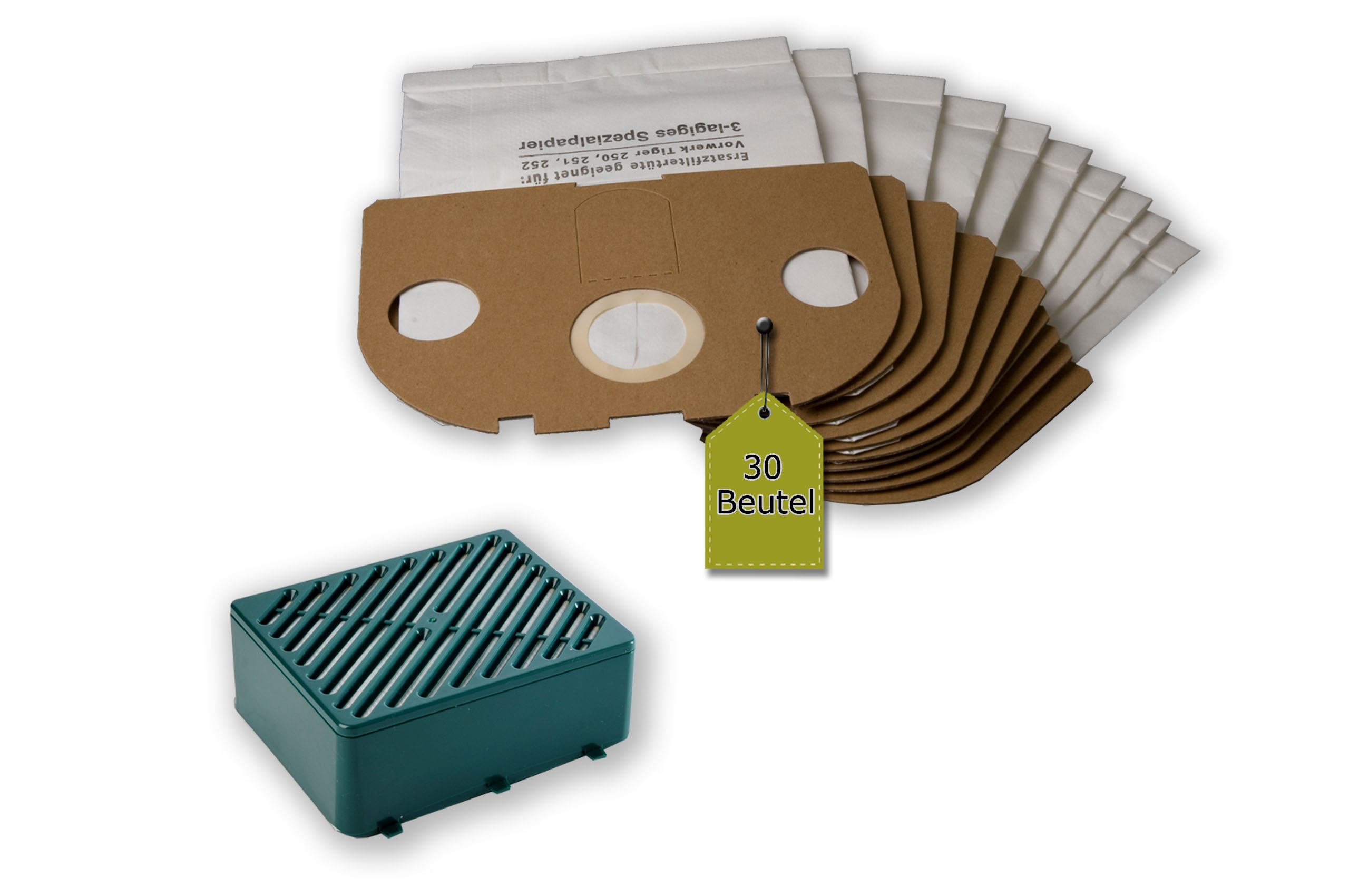 Filterset kompatibel mit Vorwerk Tiger / Kobold 251, 252: 30 Staubsaugerbeutel + 1 Aktiv-Filtersystem
