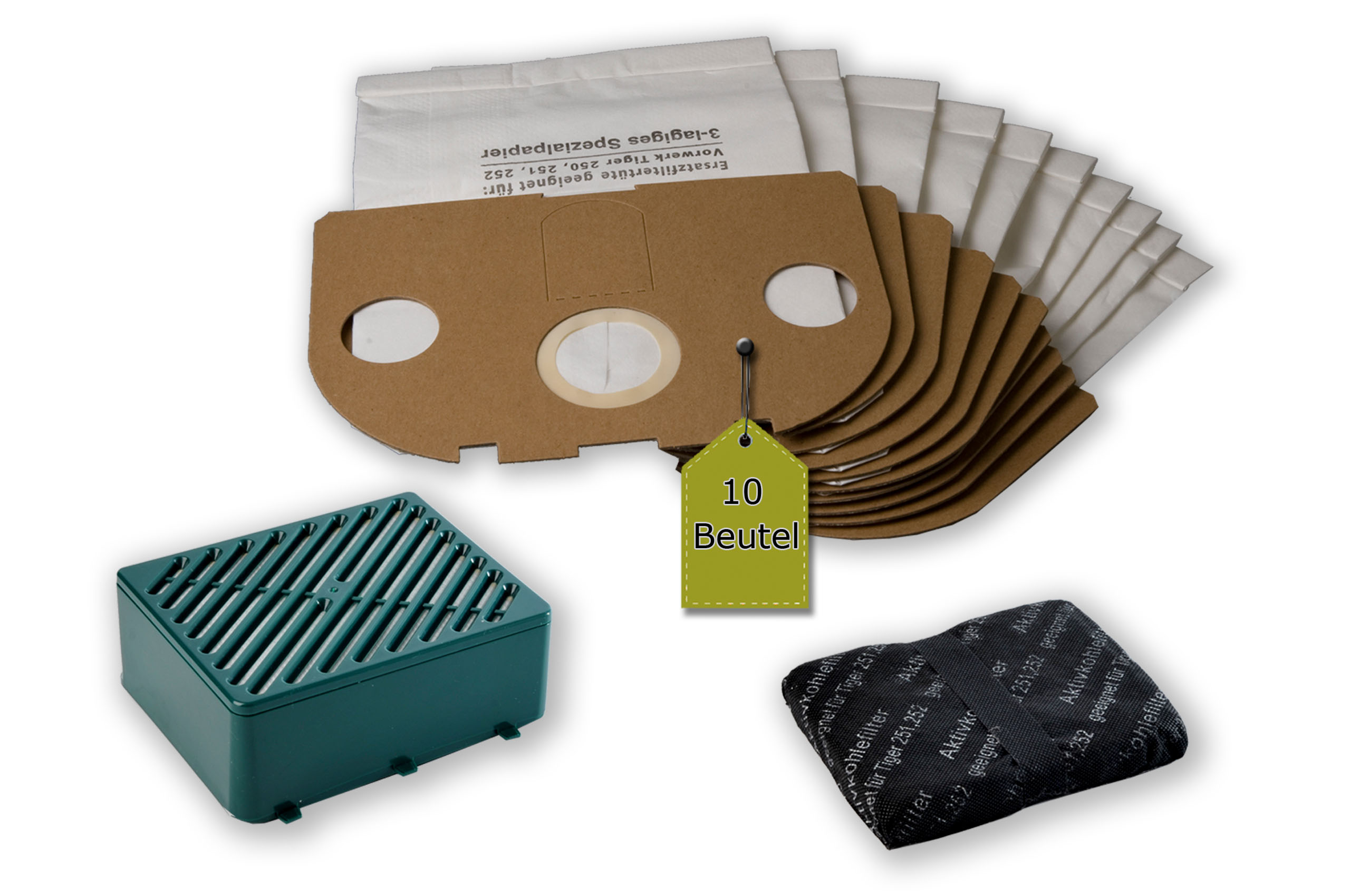 Filterset kompatibel mit Vorwerk Tiger / Kobold 251, 252: 10 Staubsaugerbeutel + 1 Aktiv-Filtersystem + 1 Aktiv-Geruchsfilter